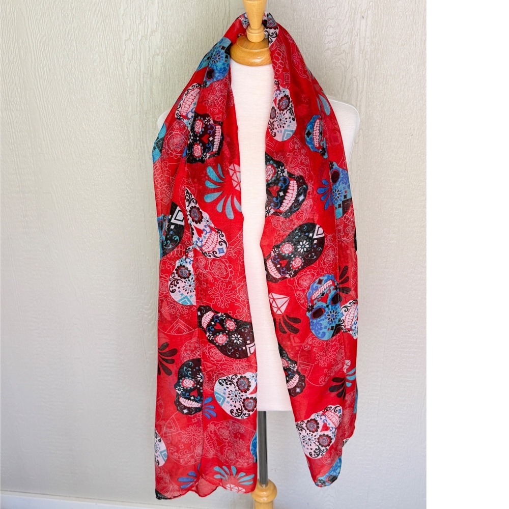 Red Day of the Dead Sugar Skull Scarf Floral Calavera Lightweight Wrap 68x34
